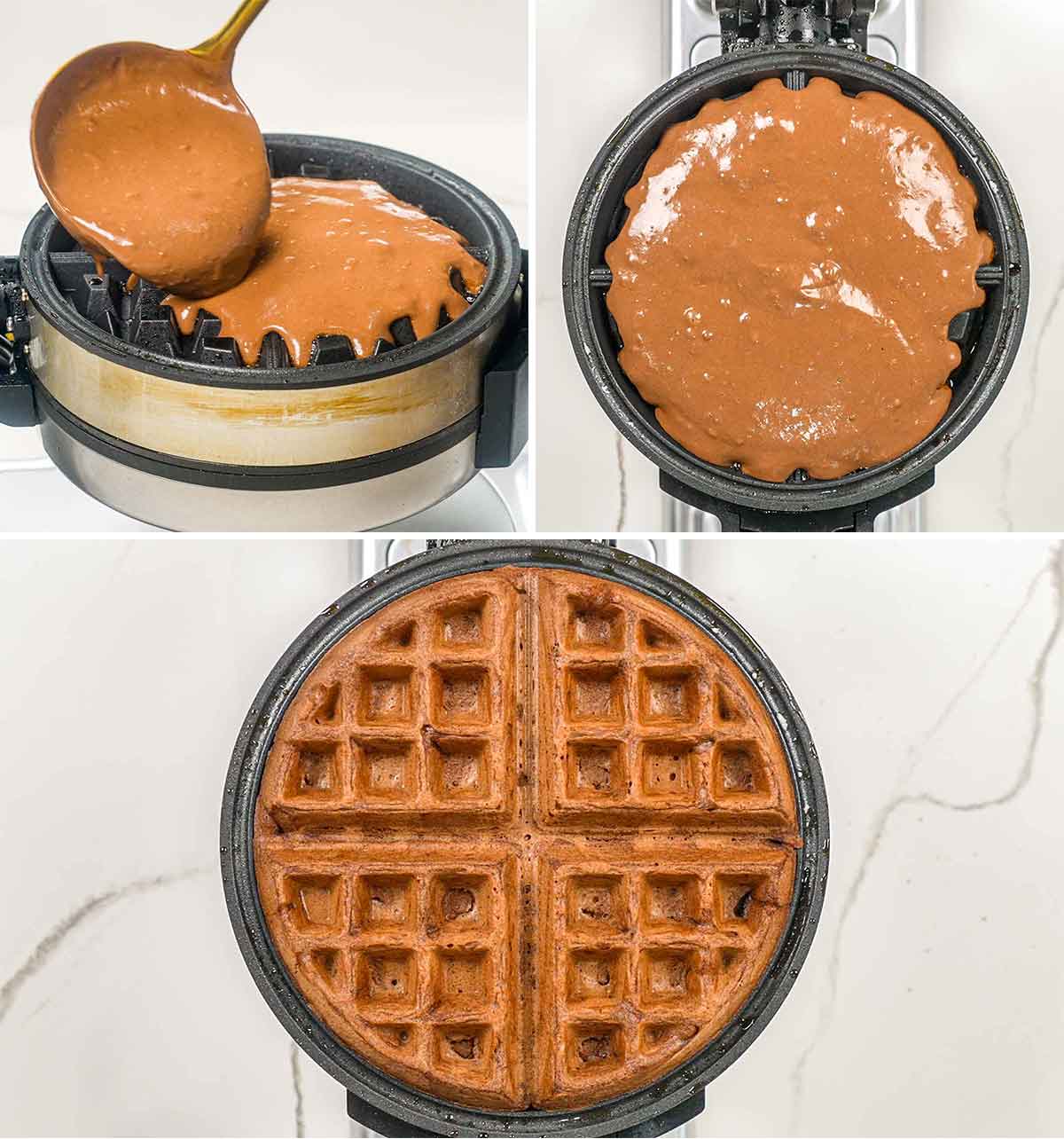 process shots showing how to make waffles in a waffle iron.