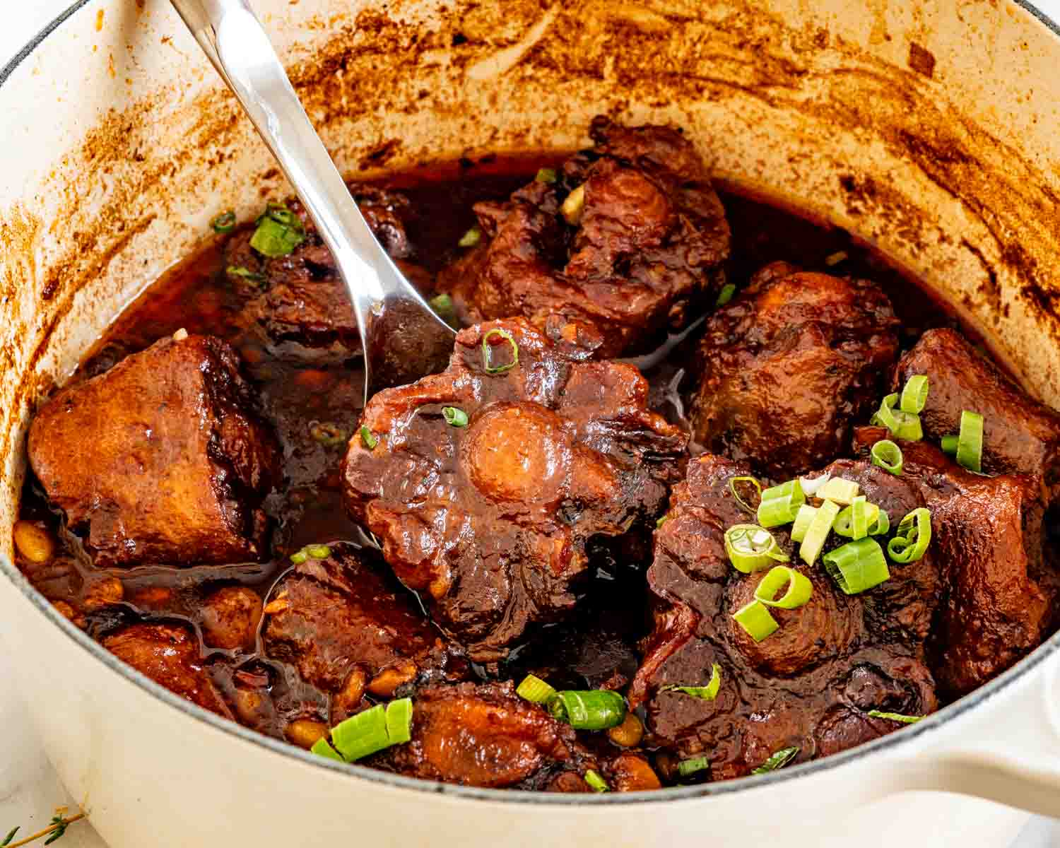 Close up of braised oxtail in rich dark gravy, spoon lifting tender piece showing glossy sauce and soft beans.
