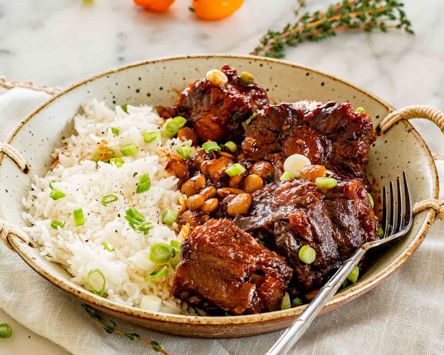 Oxtail stew served over rice with beans, thick savory sauce, tender beef chunks, and fresh green onions sprinkled on top.
