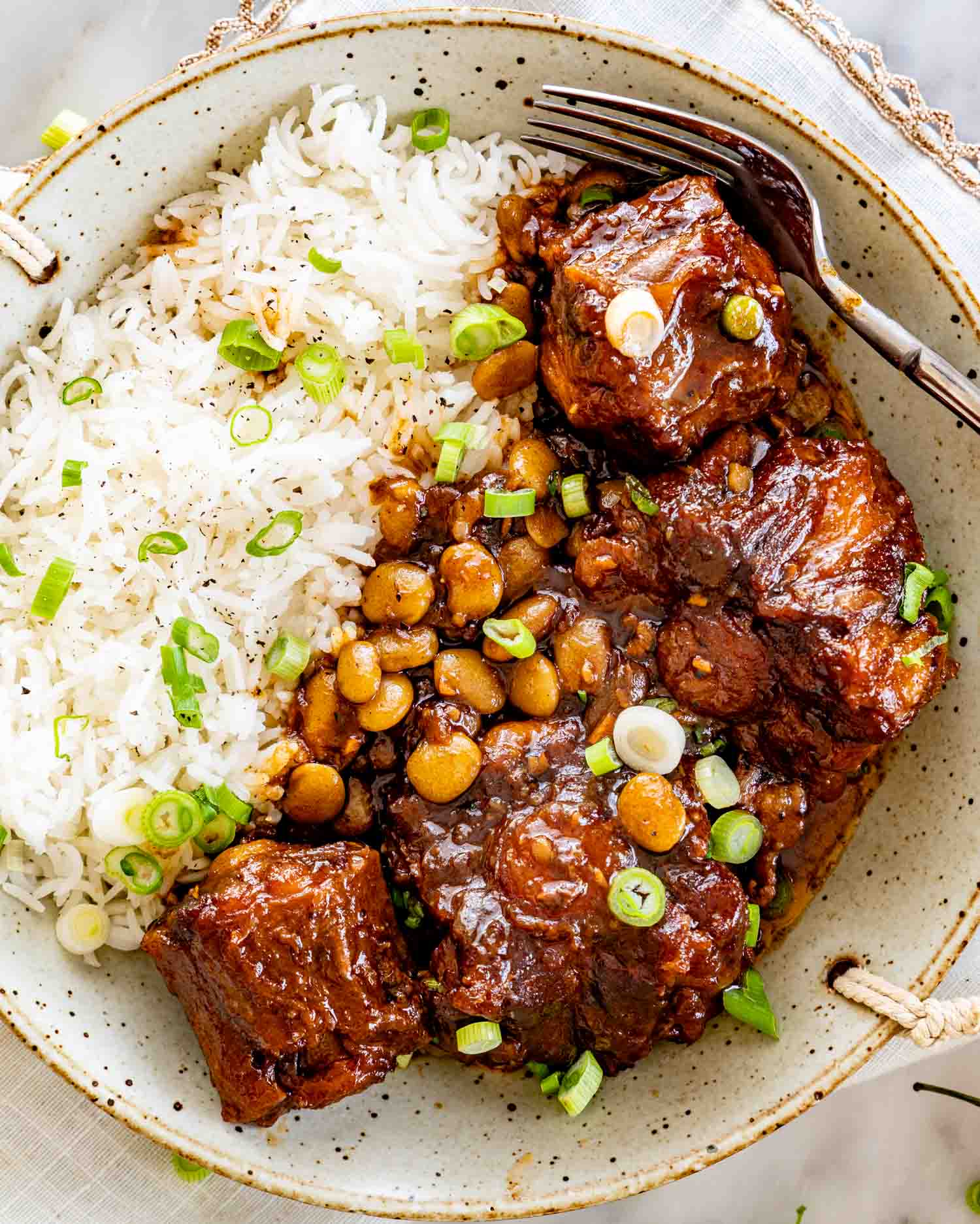 Jamaican oxtail stew plated with fluffy white rice, tender braised beef pieces, rich sauce, and scattered green onion garnish.