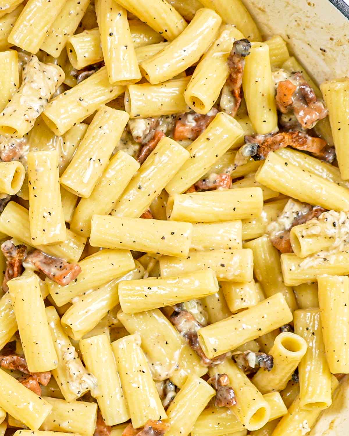 closeup of pasta alla gricia in a skillet.