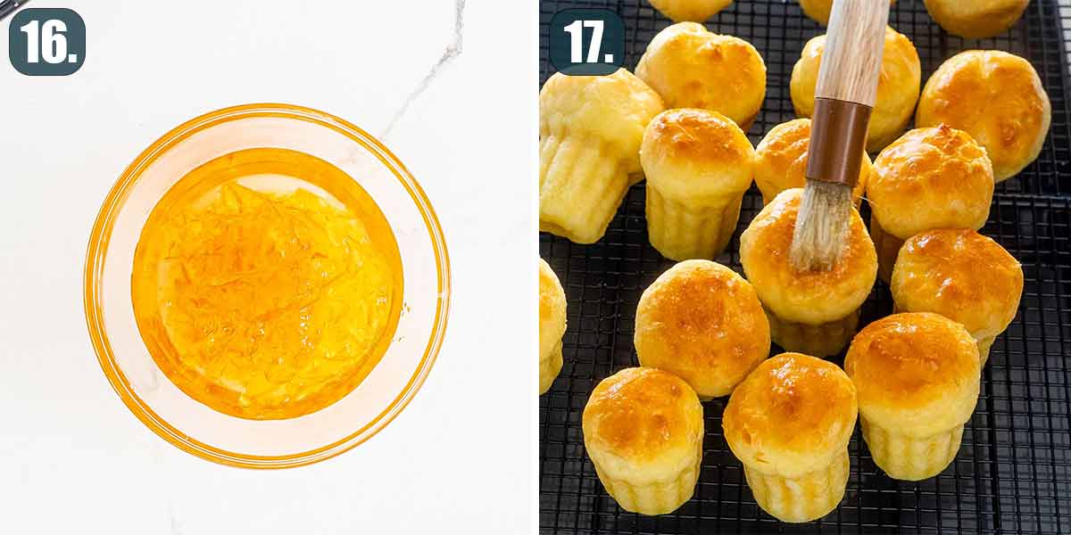 process shots showing how to make orange glaze and brush it over rum baba.