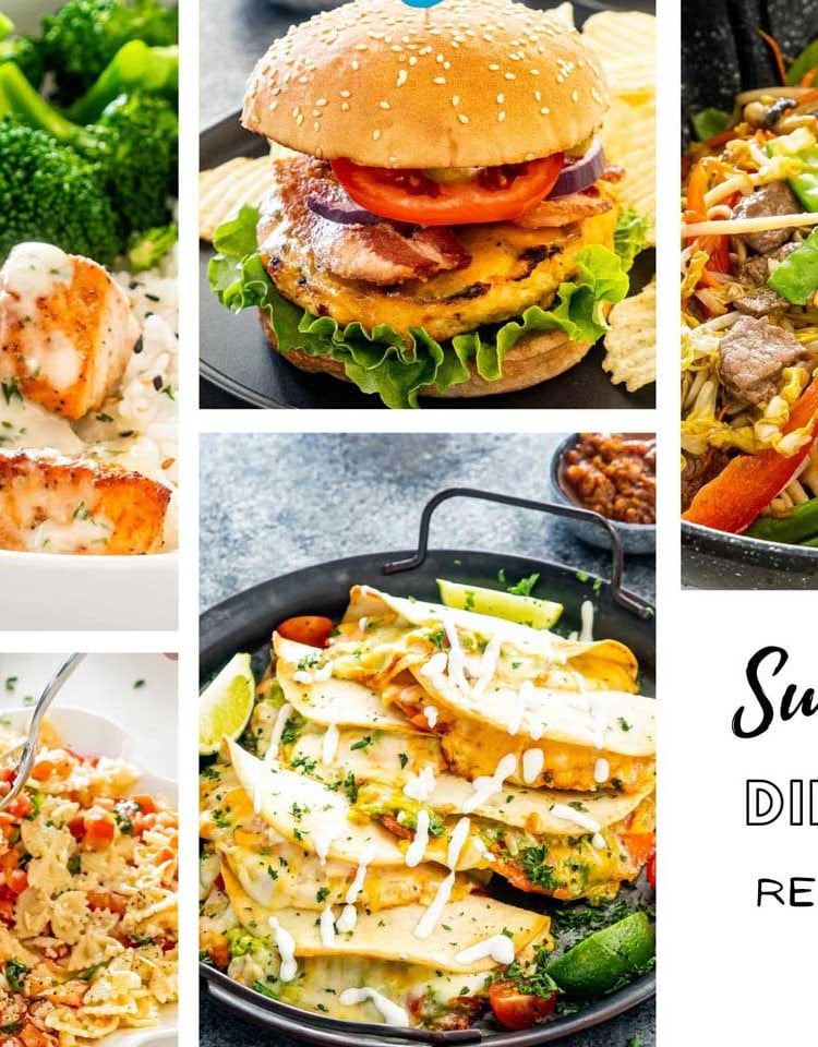 a collage of summer dinner recipes.