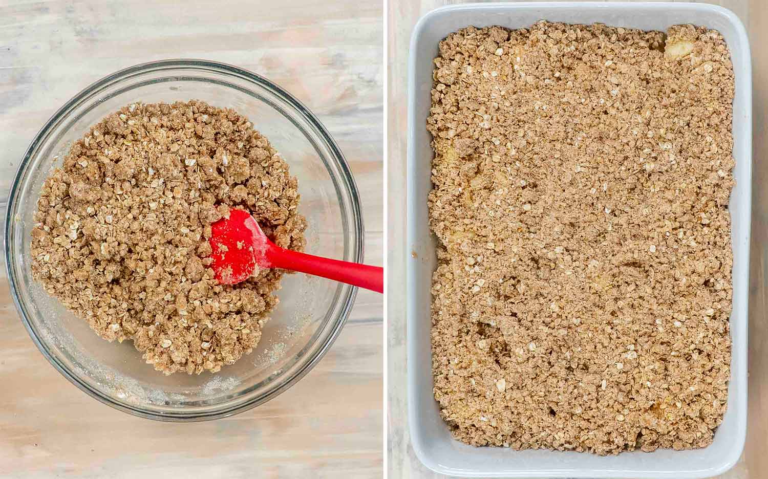 process shots showing how to make apple crumble.