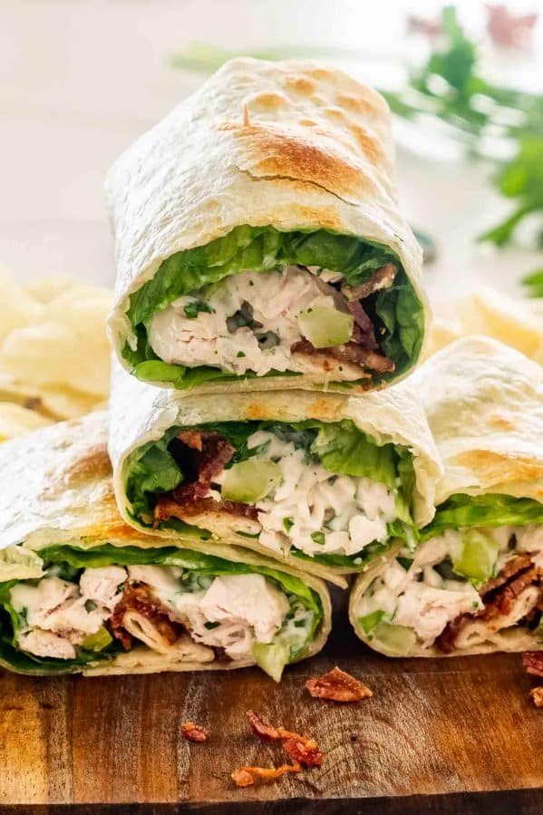 4 chicken bacon ranch wraps stacked on top of each other.