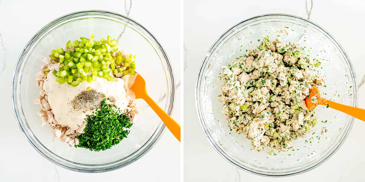 process shots showing how to make chicken salad for chicken bacon ranch wraps.