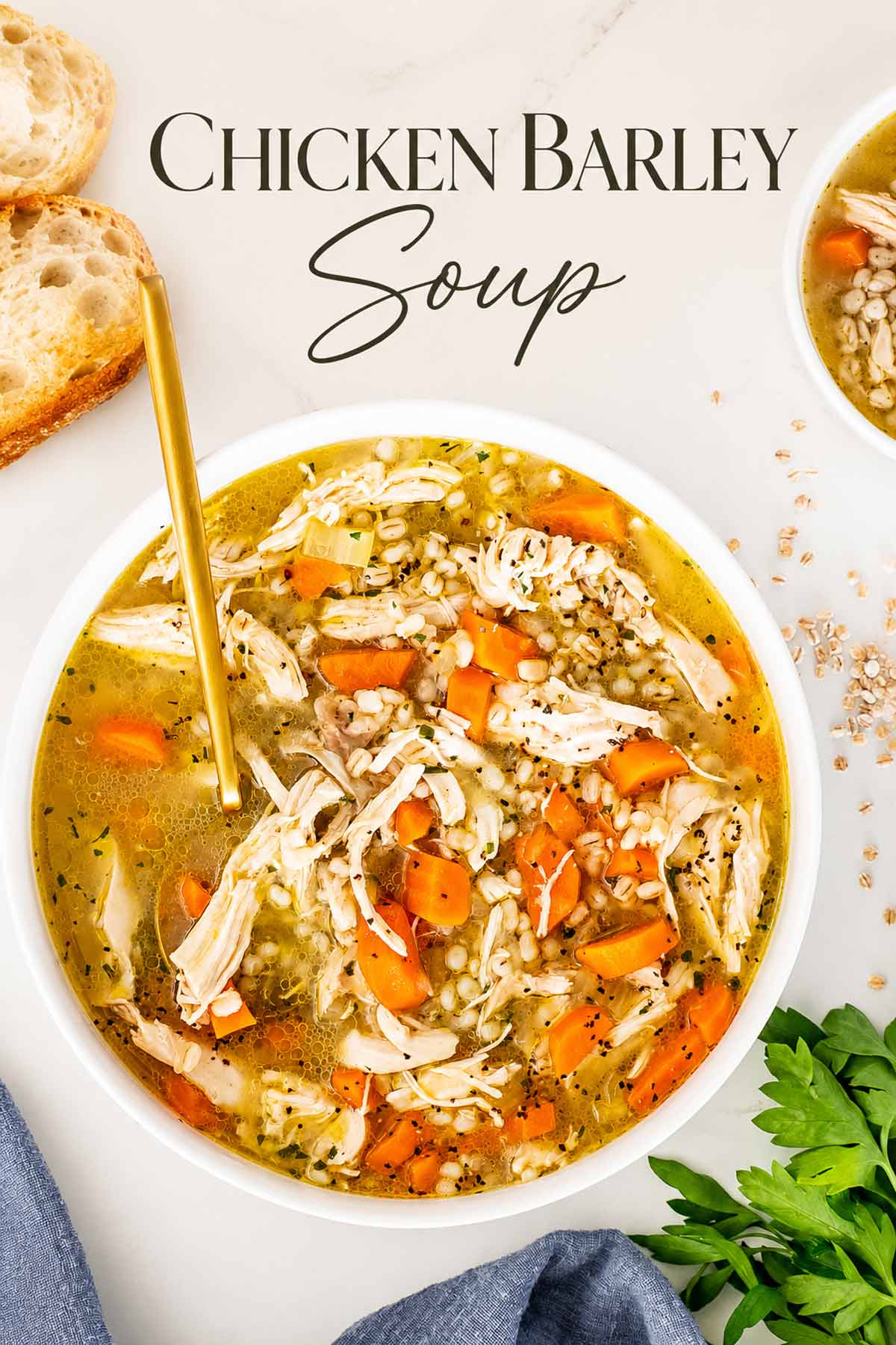 pinterest image for chicken barley soup.