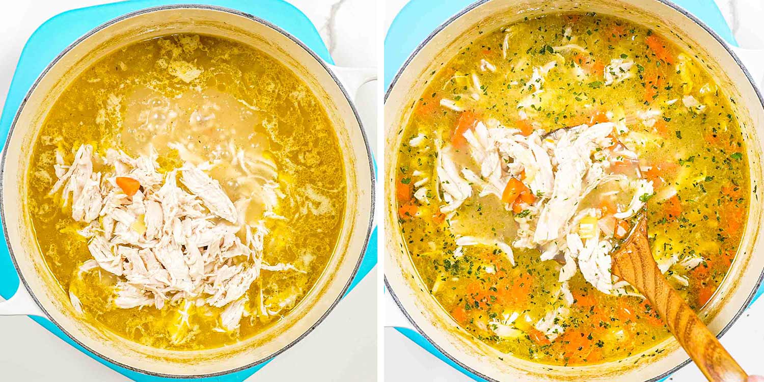 process shots showing how to make chicken barley soup.