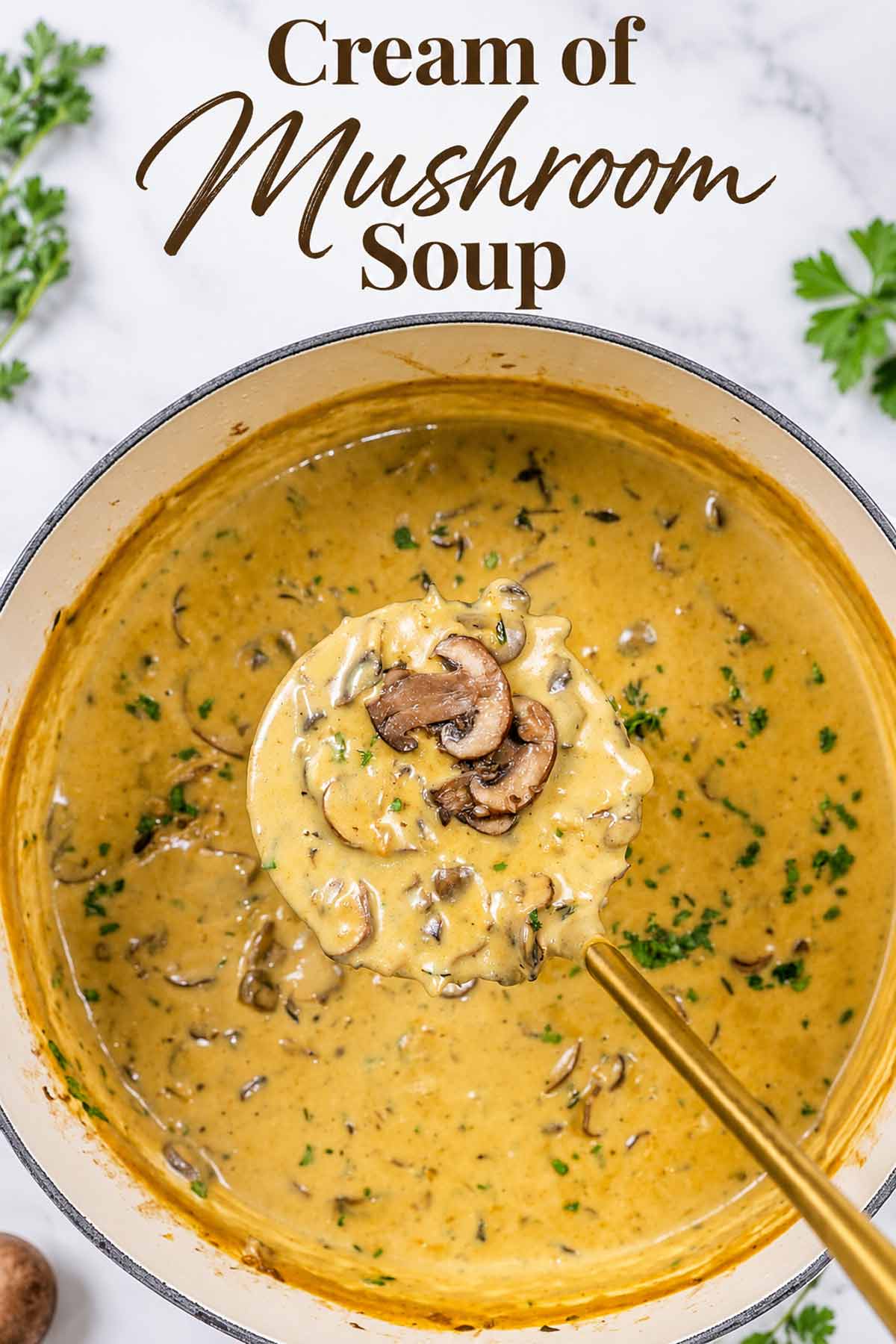A ladle lifts creamy mushroom soup from a white pot, showing mushroom slices and herbs beneath the recipe title.