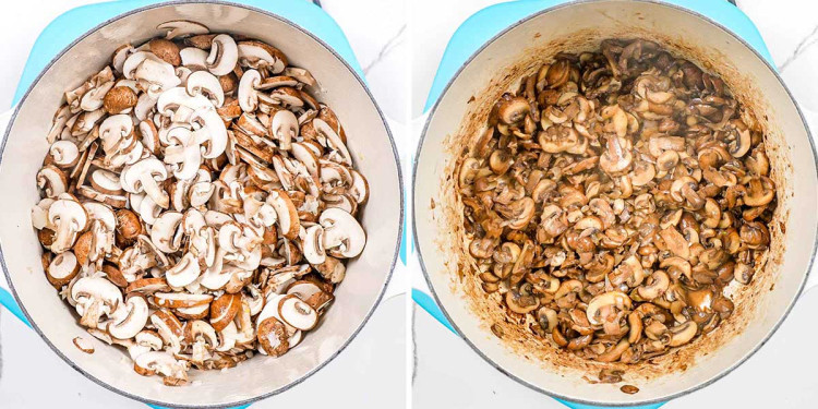 process shots showing how to sauté mushrooms.