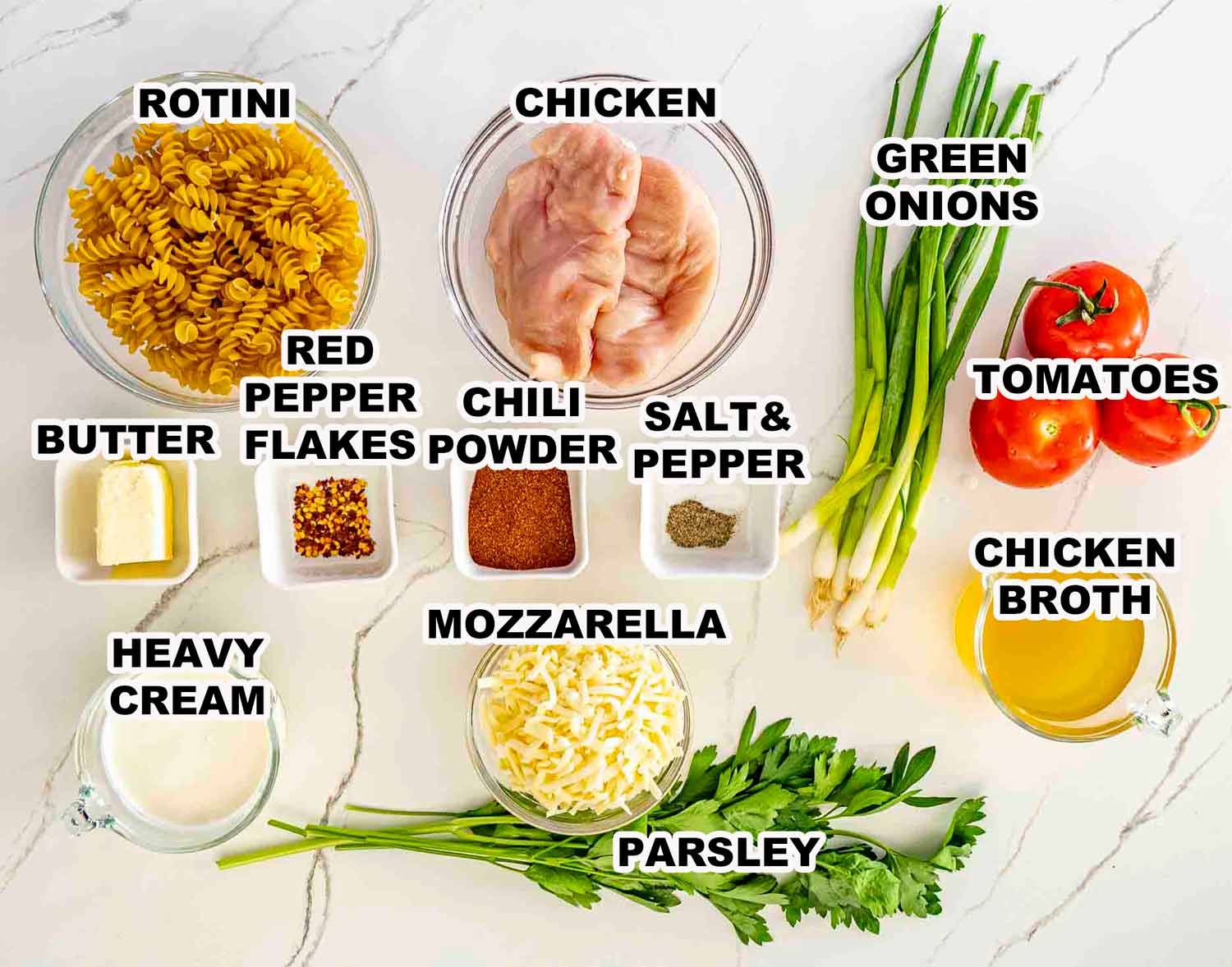 ingredients needed to make creamy tomato chicken pasta.
