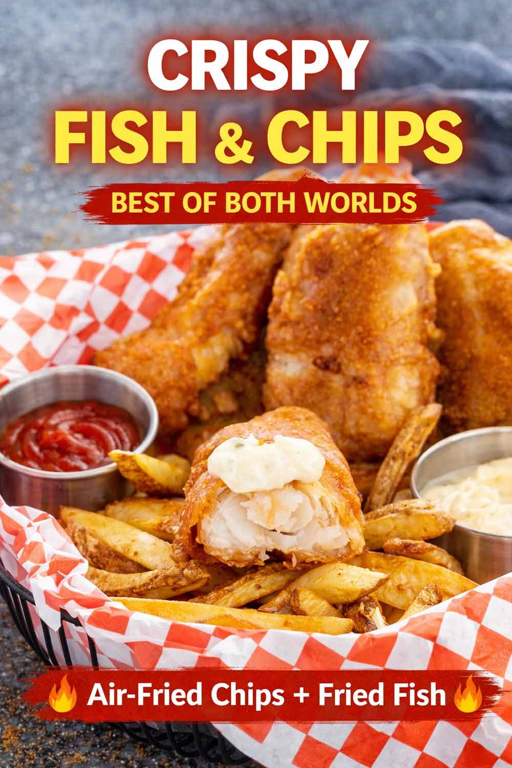 Vertical view of a basket of crispy homemade fish and chips. The image shows several large pieces of golden brown fried cod stacked on top of a bed of seasoned russet potato chips. Text overlays on the image highlight that these are air fried chips paired with traditional fried fish for the best of both worlds.