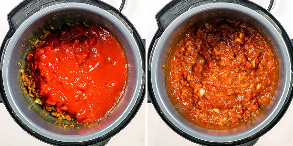 process shots showing how to finish making curry sauce in the instant pot for chicken tikka masala.