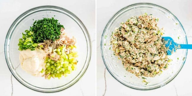 process shots showing how to make tuna salad.