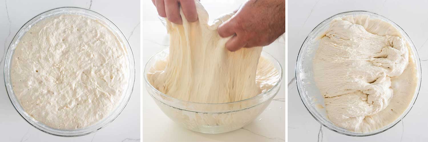 process shots showing how to stretch and fold dough for ciabatta bread.