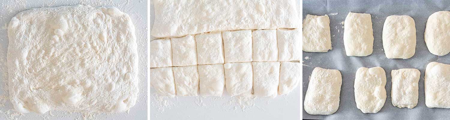 process shots showing how to form ciabatta bread.