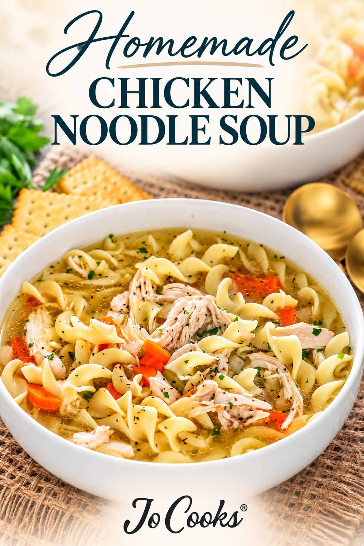 Homemade chicken noodle soup with shredded chicken, carrots, and egg noodles in a white bowl, with recipe title above.