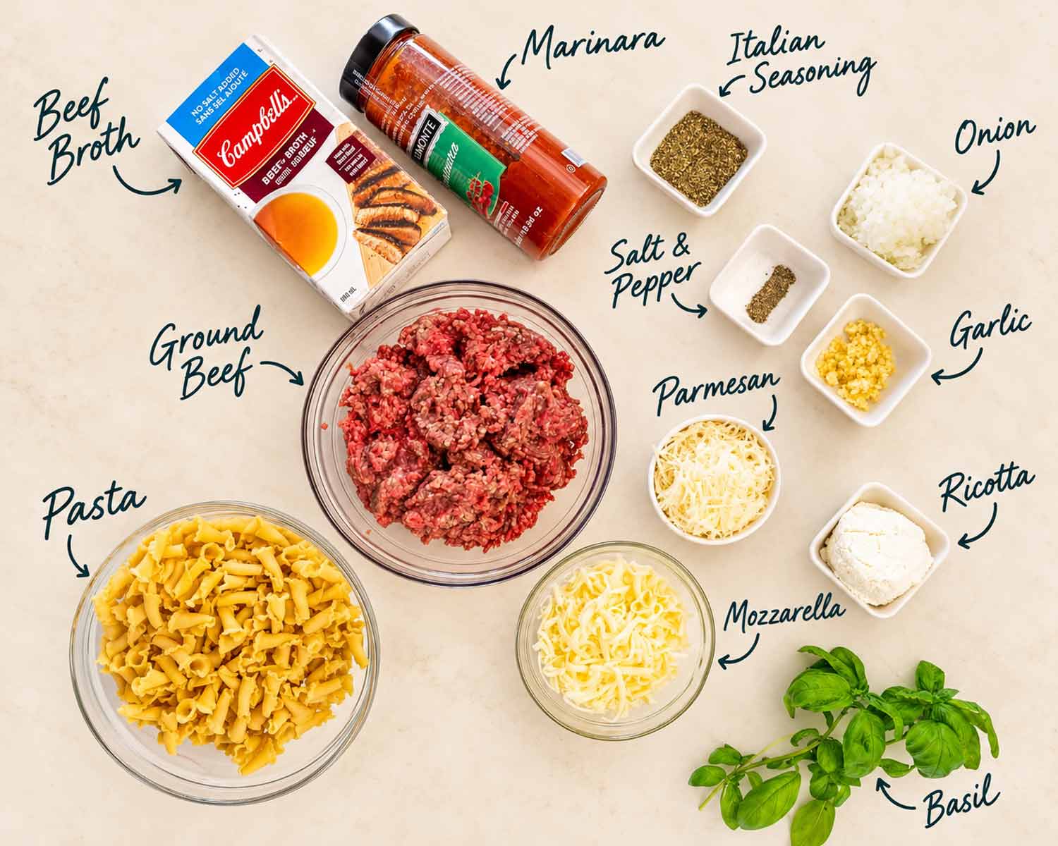 Labeled Instant Pot lasagna ingredients including ground beef, pasta, marinara, broth, three cheeses, onion, garlic, basil, and seasonings.