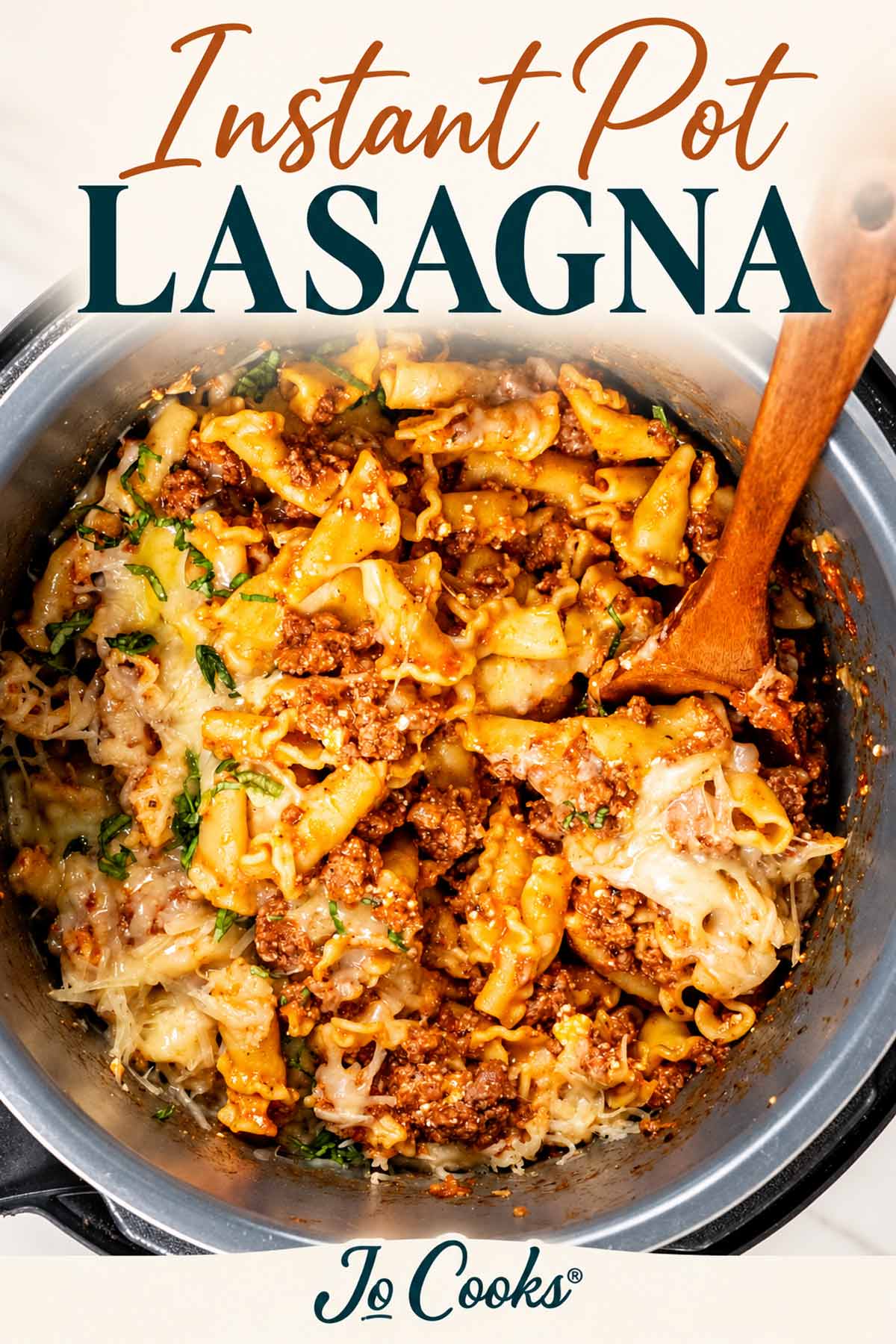 Cheesy Instant Pot lasagna with beef and basil in a pressure cooker, beneath the recipe title, with Jo Cooks logo.