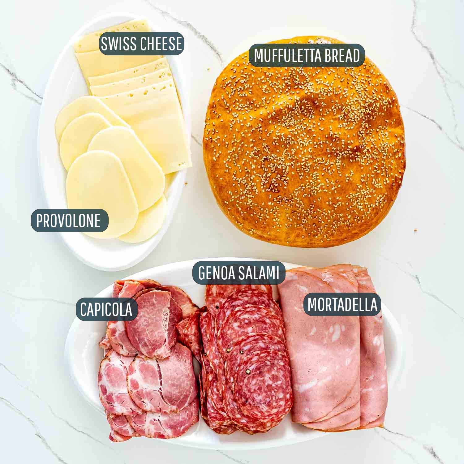 ingredients needed to make muffuletta sandwich.