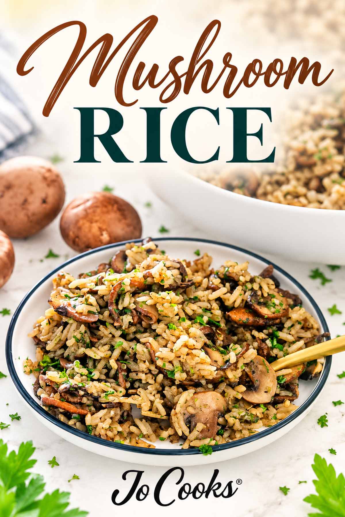 Mushroom rice in a white bowl with a gold spoon, recipe title above, and Jo Cooks logo below.