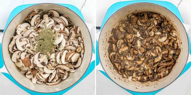 process shots showing how to make mushroom rice.