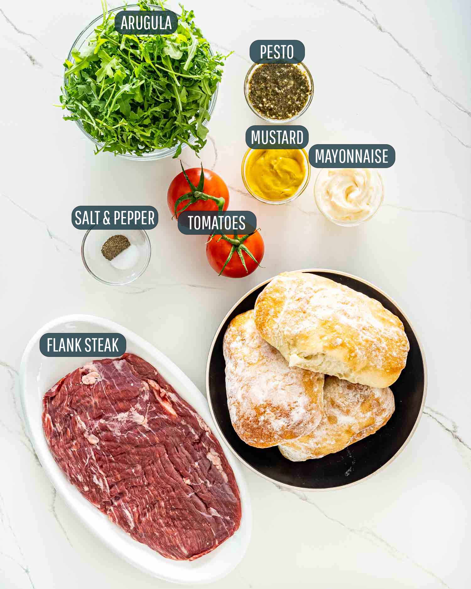 ingredients needed to make a steak sandwich.