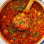 stuffed pepper soup in a dutch oven.
