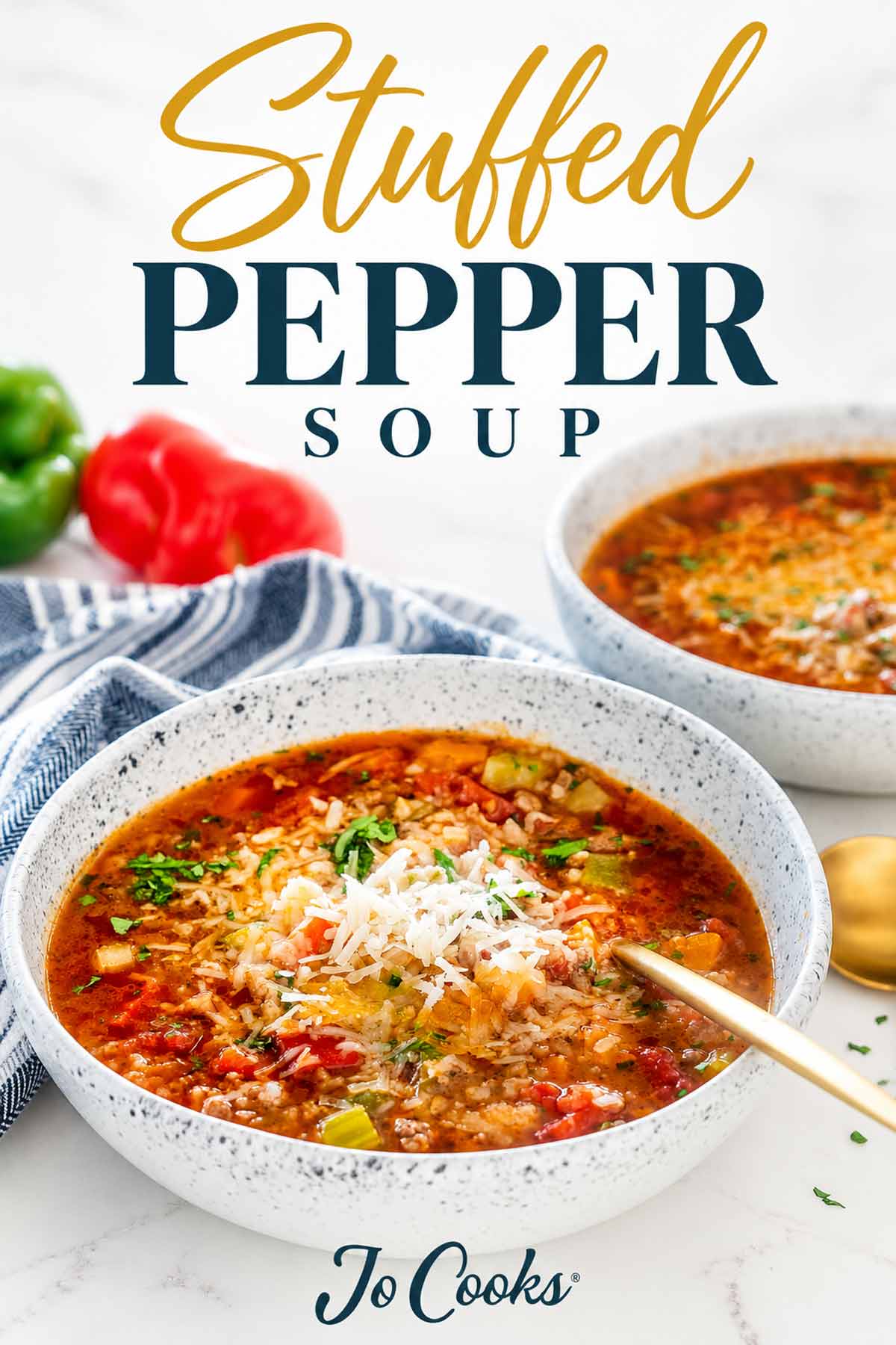 Stuffed pepper soup with ground beef, rice and Parmesan in speckled bowls, with an elegant recipe title above.