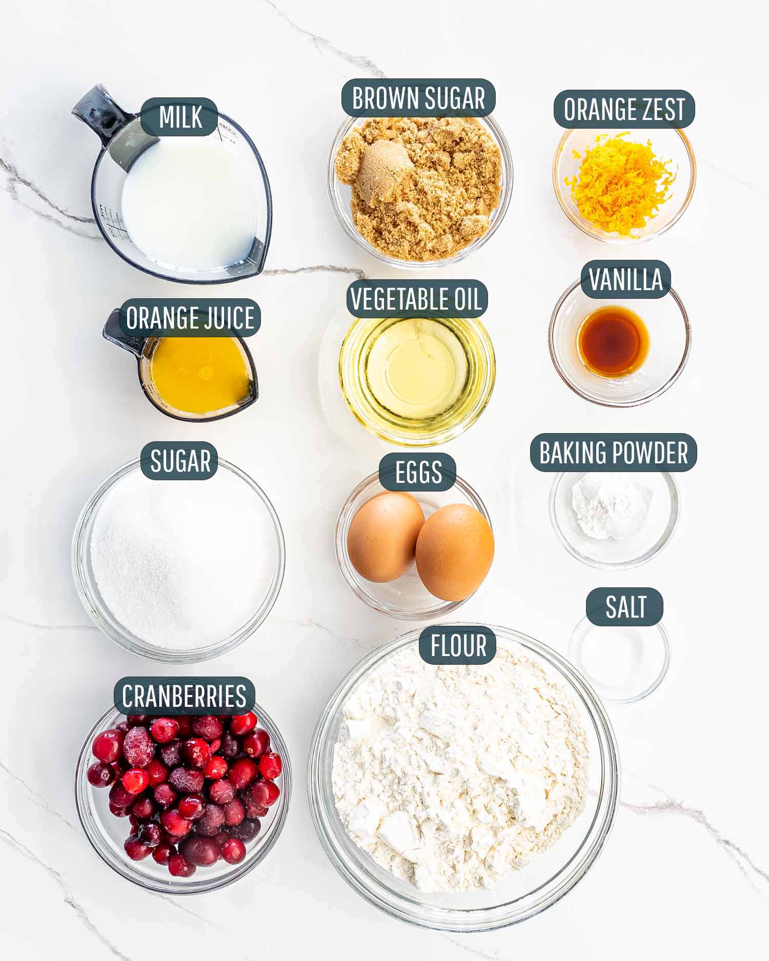 ingredients needed to make cranberry orange muffins.