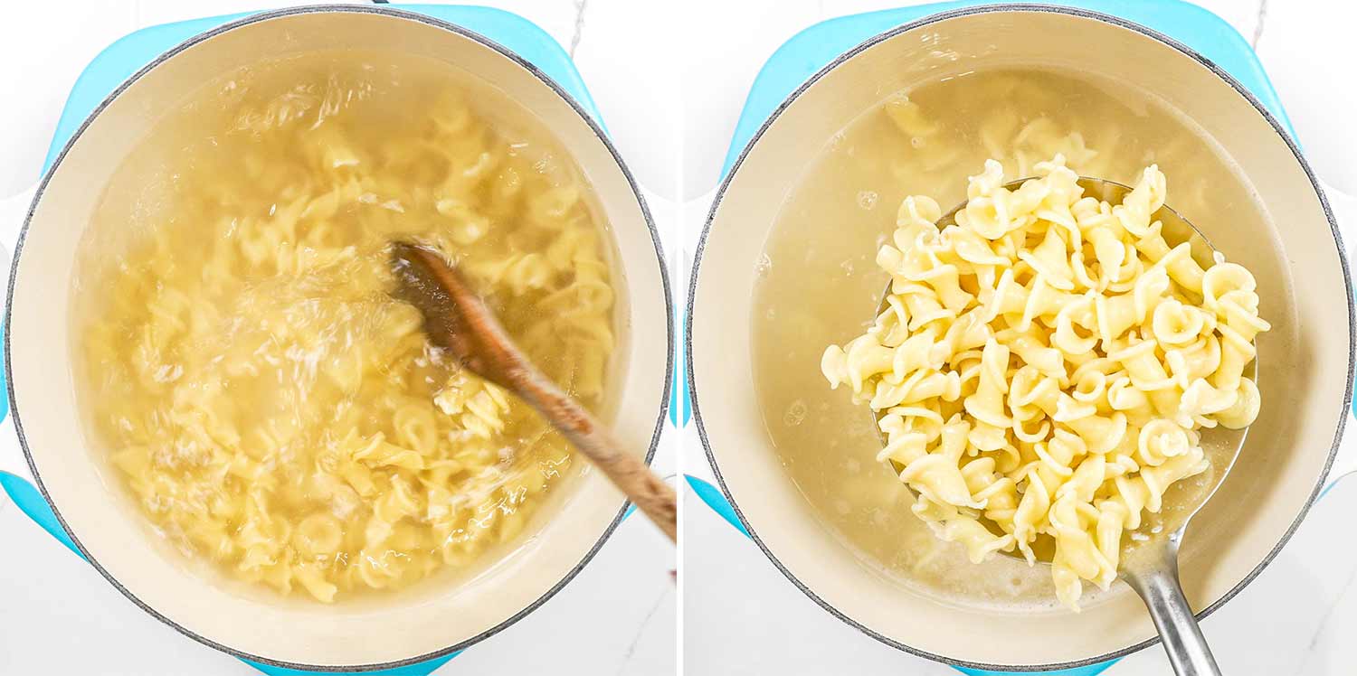 process shots showing how to make turkey noodle casserole.