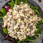 freshly made turkey salad in a dark plate.