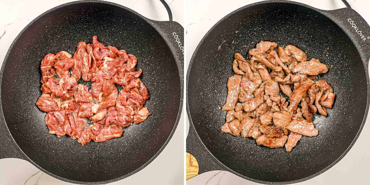 process shots showing how to make beef chow fun.