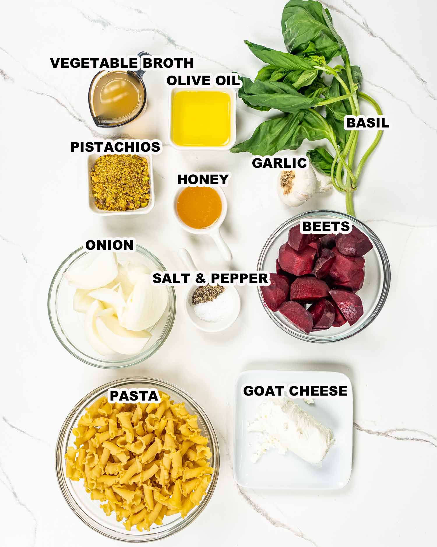 ingredients needed to make beets and goat cheese pasta.