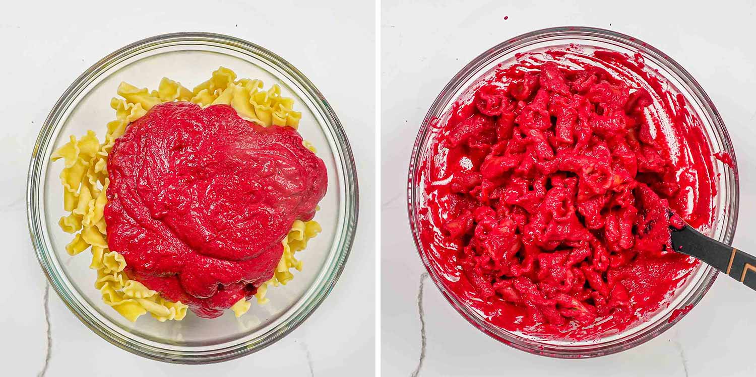 process shots showing how to make beets and goat cheese pasta.