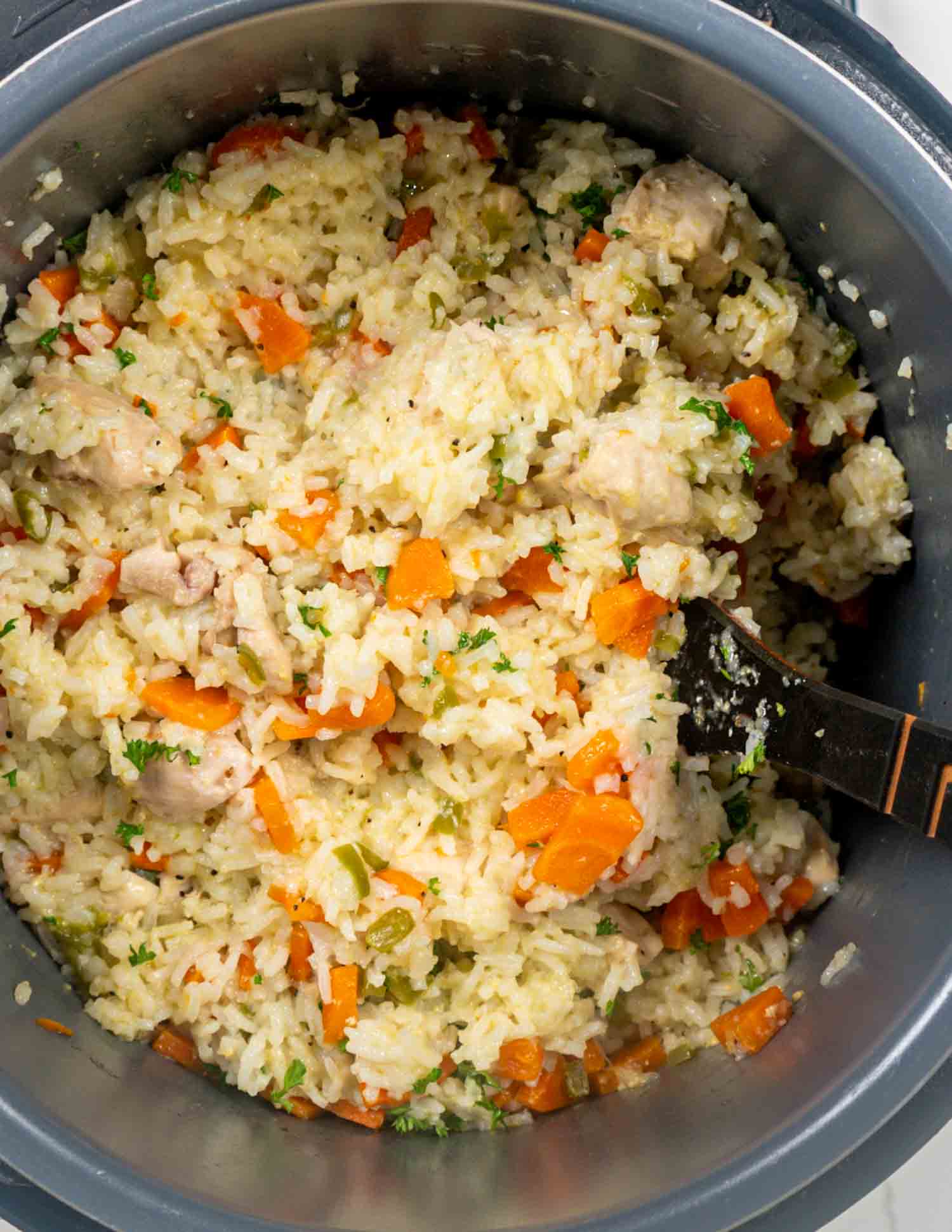 freshly made chicken and rice in an instant pot.