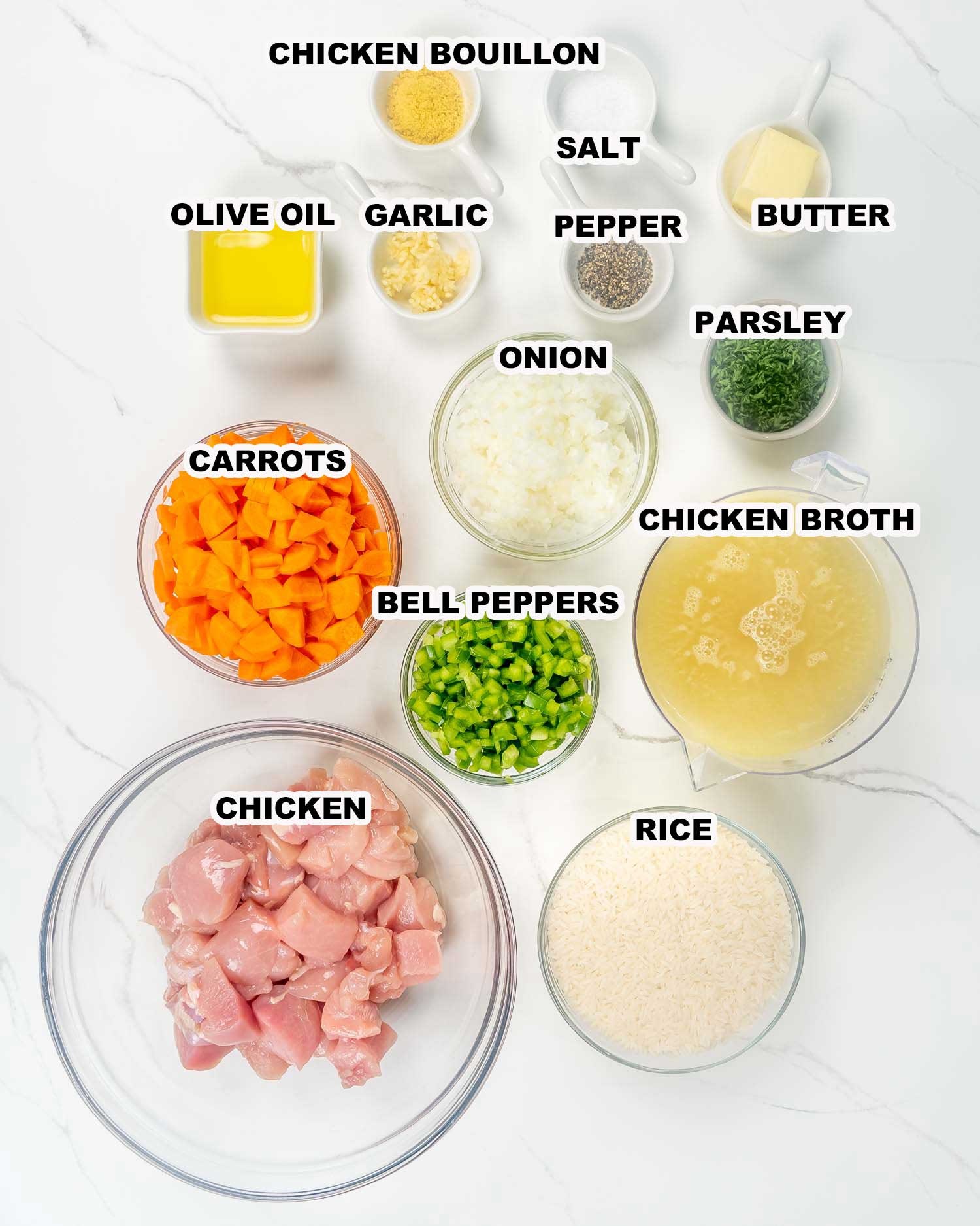 ingredients needed to make instant pot chicken and rice.