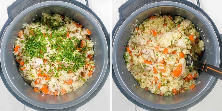 process shots showing how to make chicken and rice in the instant pot.