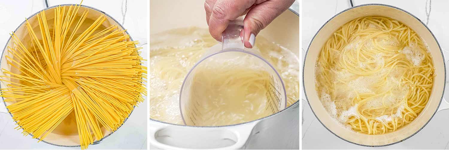process shots showing how to make pasta pomodoro.