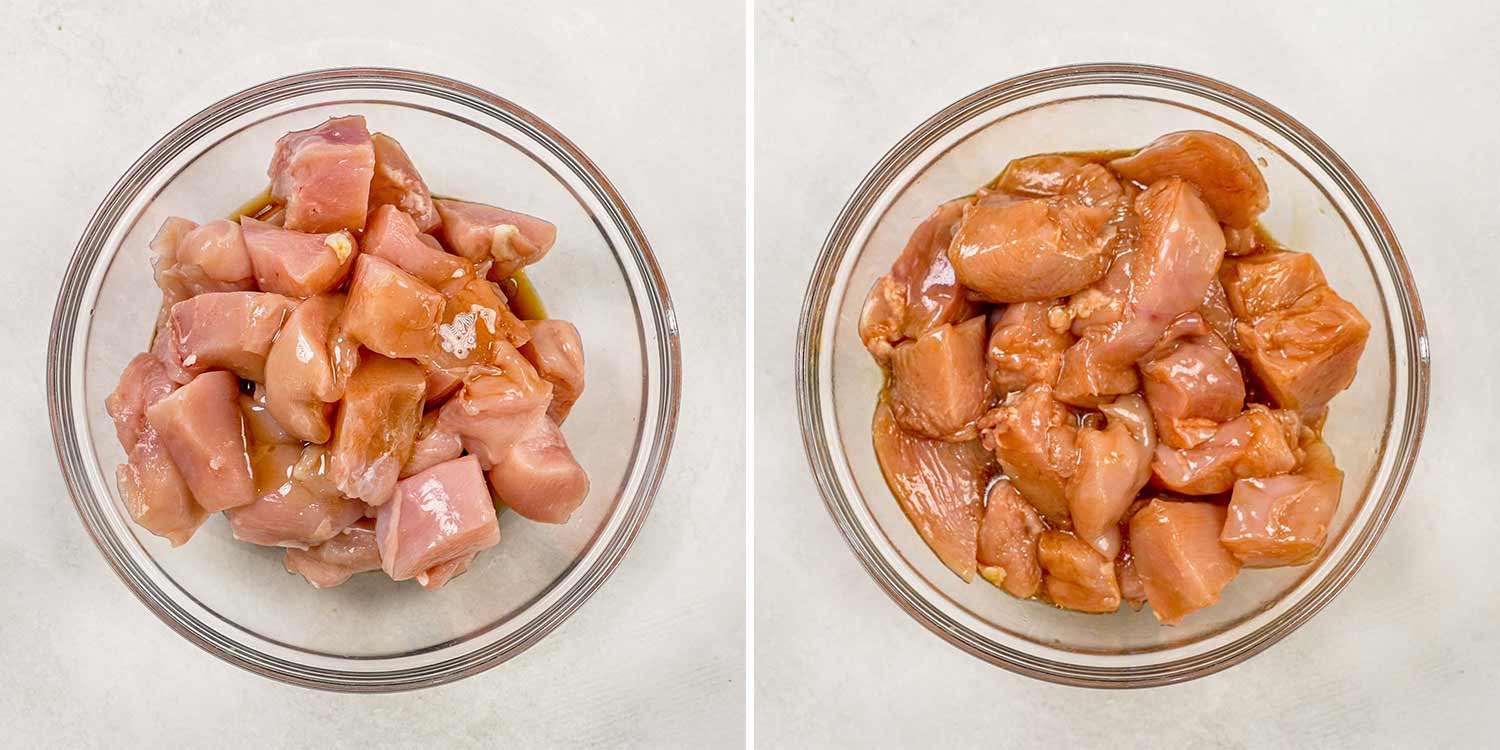 process shots showing how to make szechuan chicken.