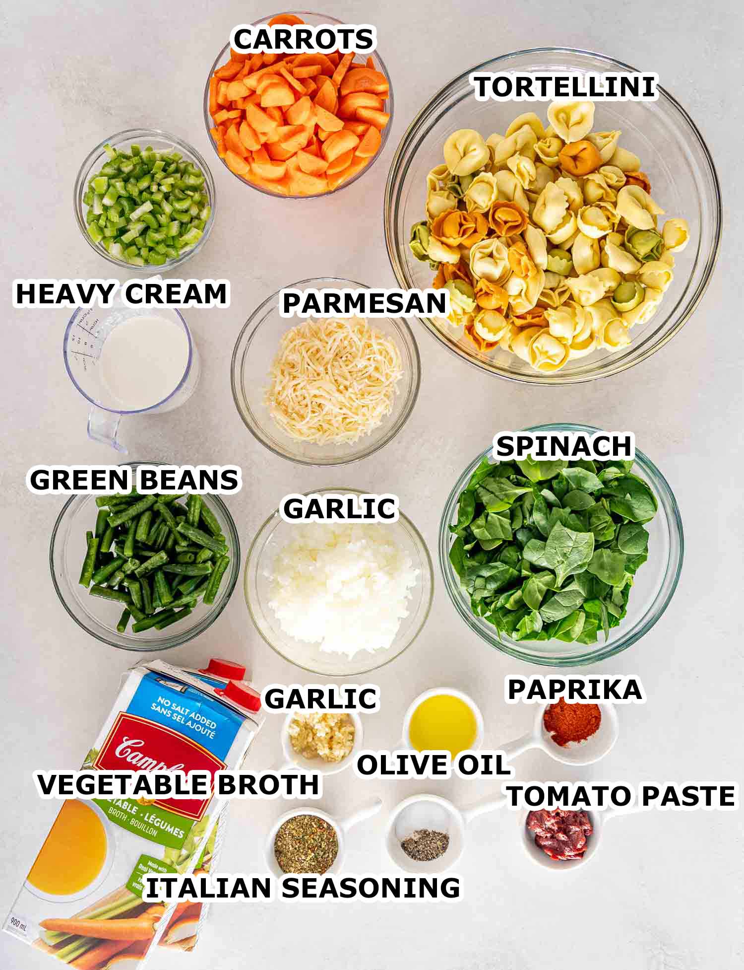ingredients needed to make vegetable tortellini soup.