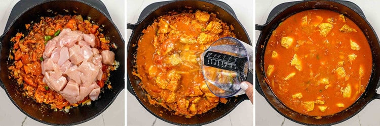 process shots showing how to make balti chicken.