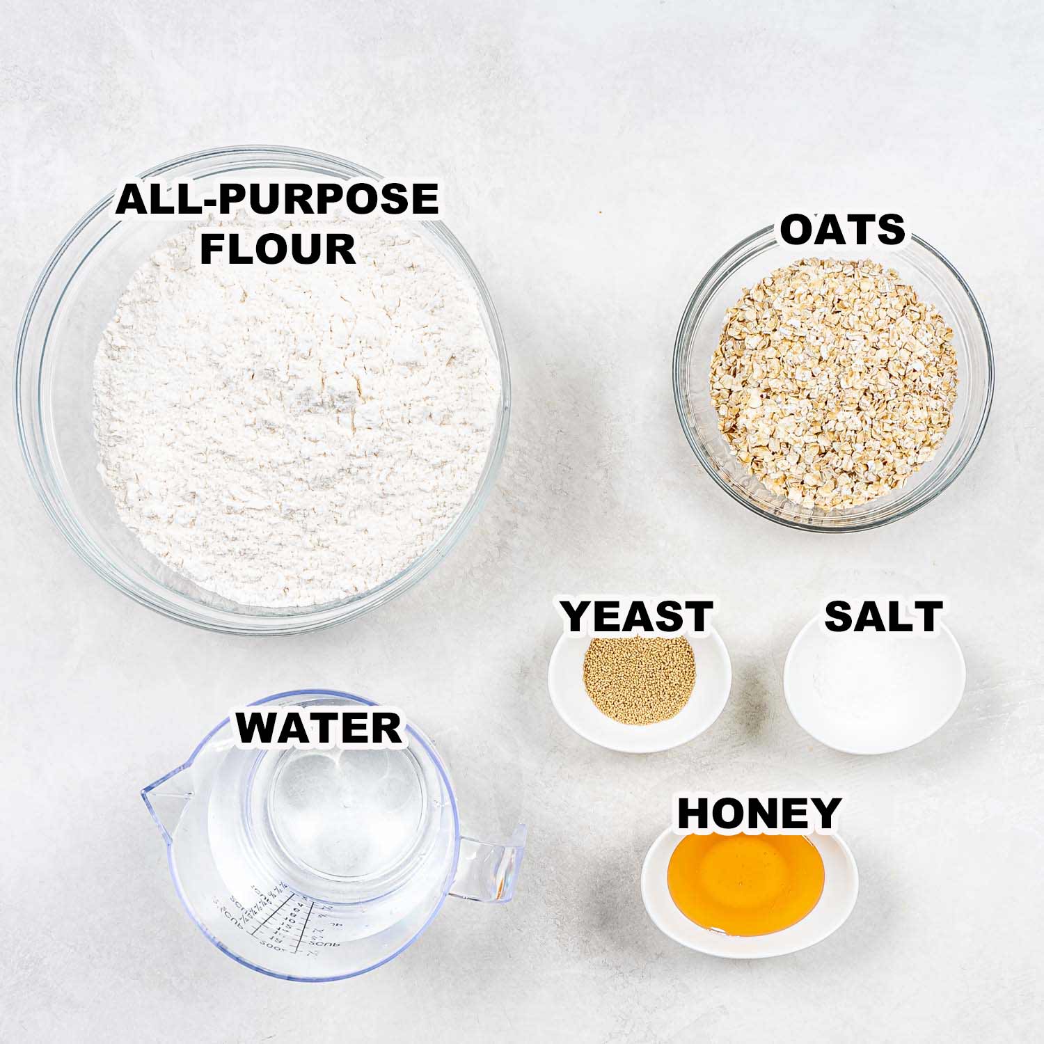ingredients needed to make no knead honey oat bread.