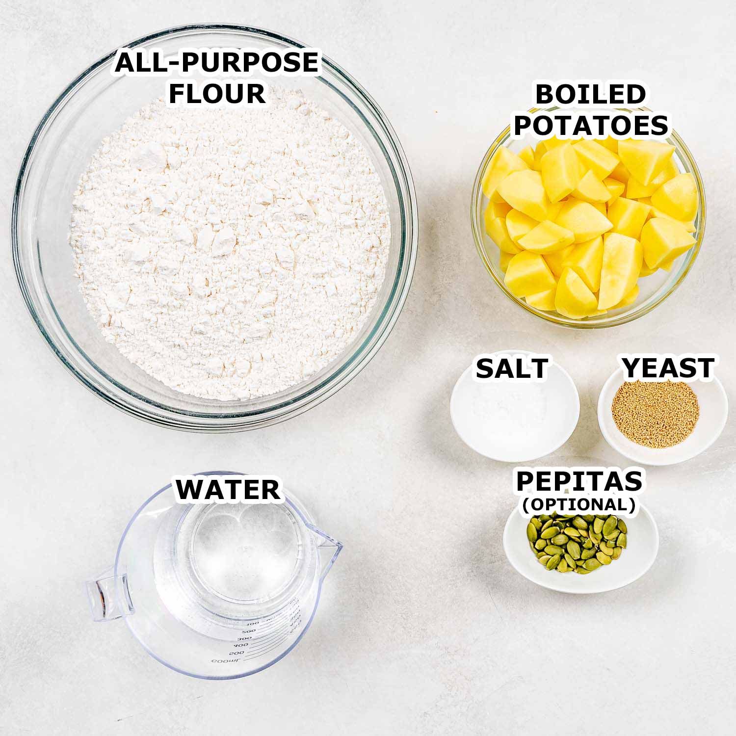ingredients needed to make no knead potato bread.