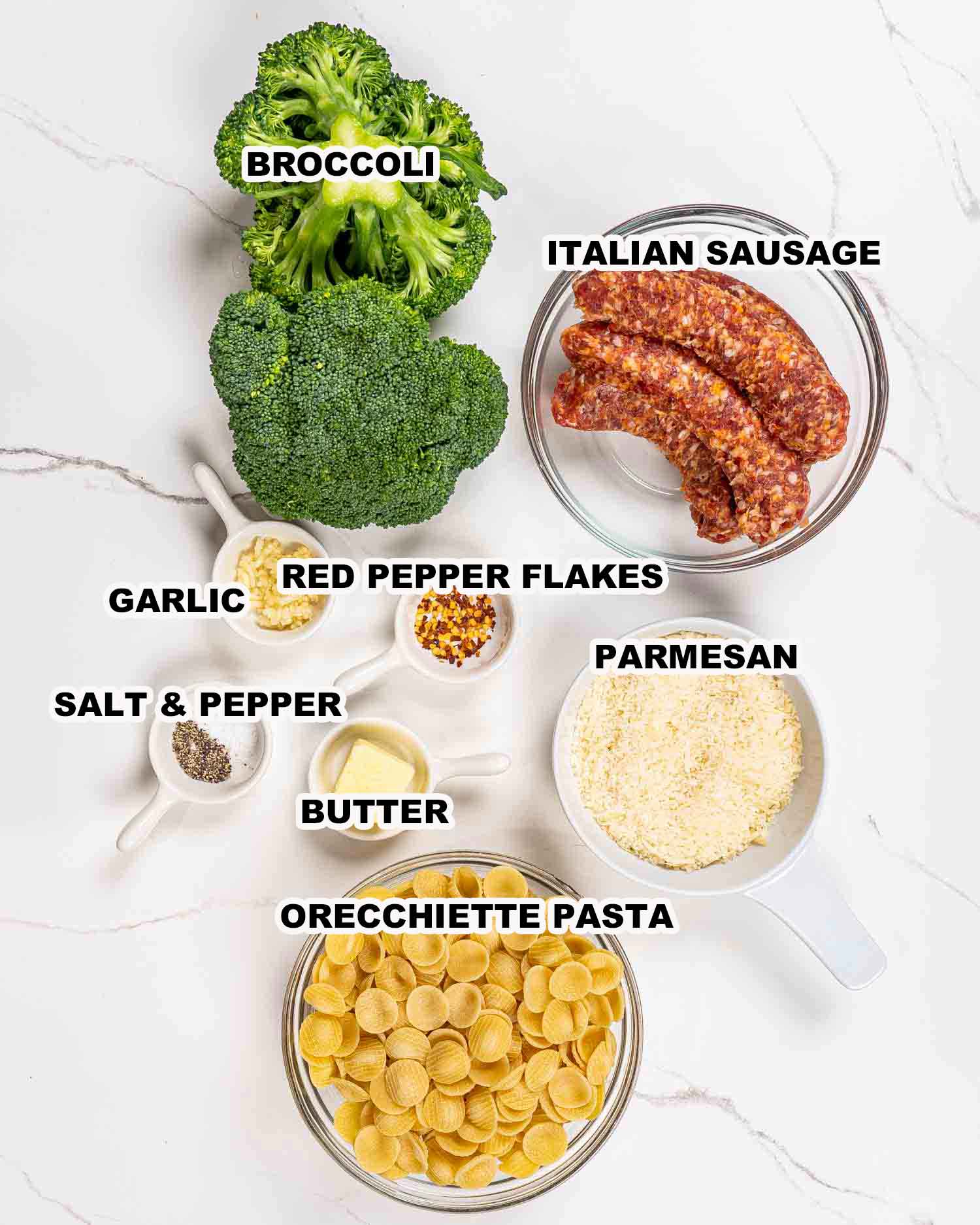 ingredients needed to make orecchiette with sausage and broccoli.