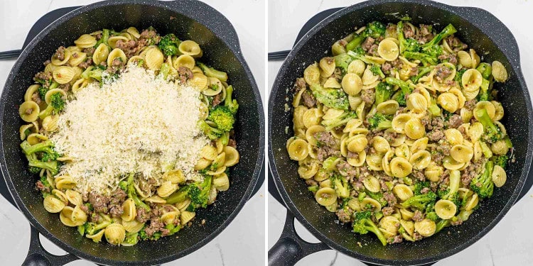 process shots showing how to make orecchiette with sausage and broccoli.