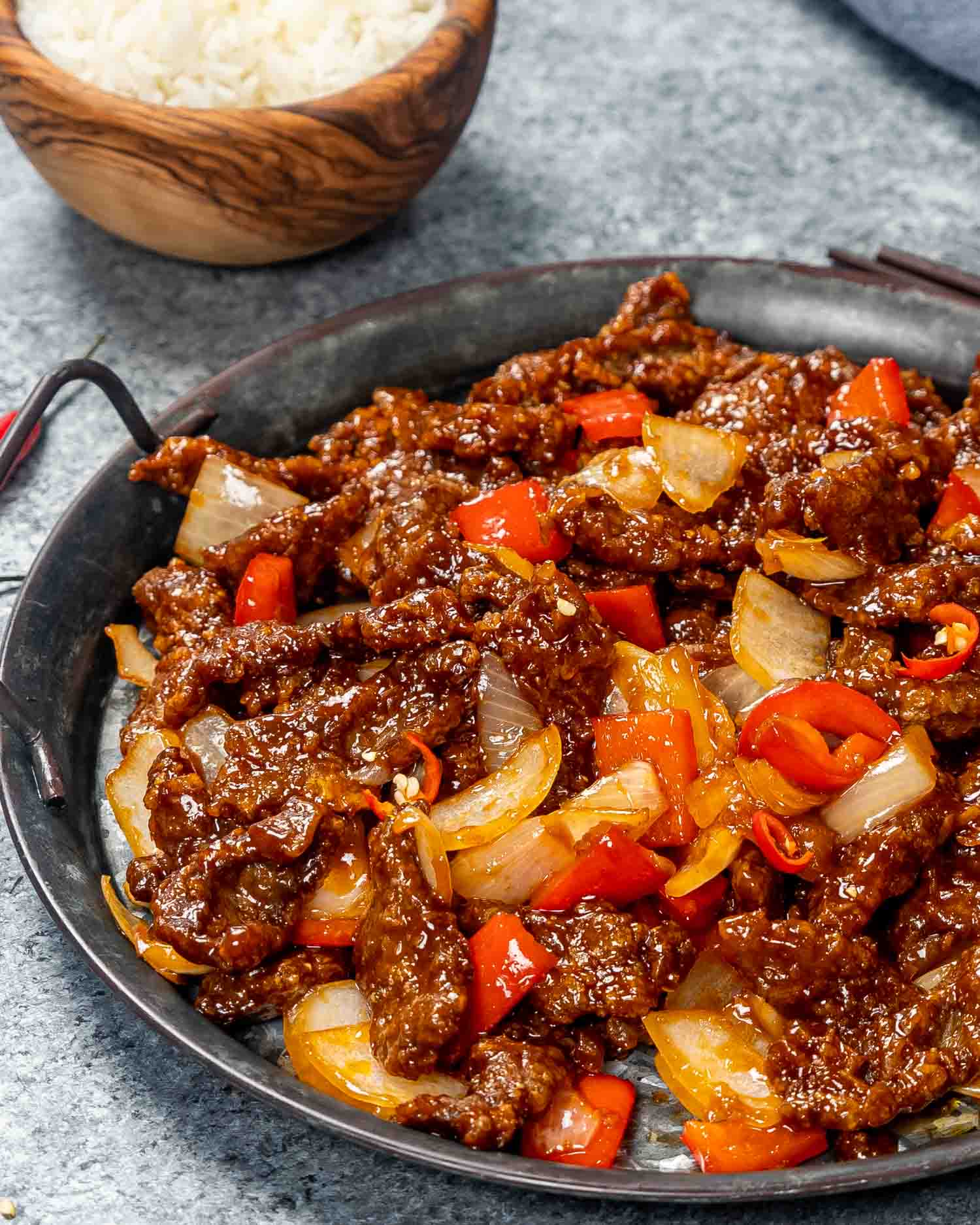 freshly made beijing beef on a serving platter.