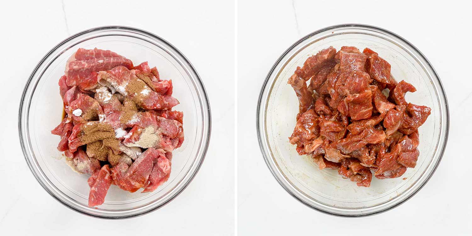 process shots showing how to make beijing beef.