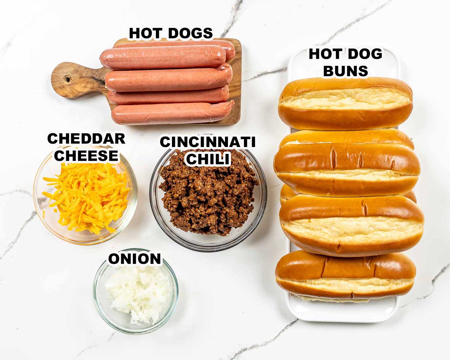 ingredients needed to make chili dogs.