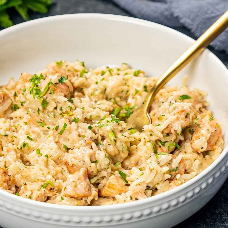 a serving of creamy chicken and rice in a white bowl.